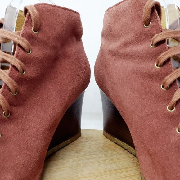 UGG Booties Women 9 Maroon Suede Lace Up Peep Toe High Wedge Elyse Sandal Shoes - Picture 6 of 12